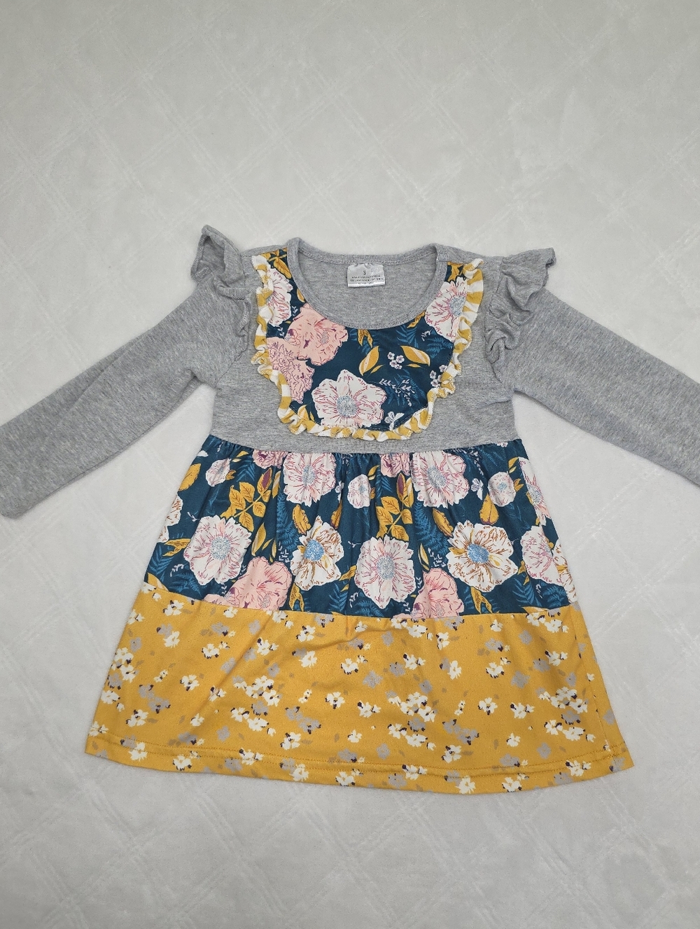 Girls' Floral Colorblock Long-Sleeve Dress - Gray, Navy & Mustard